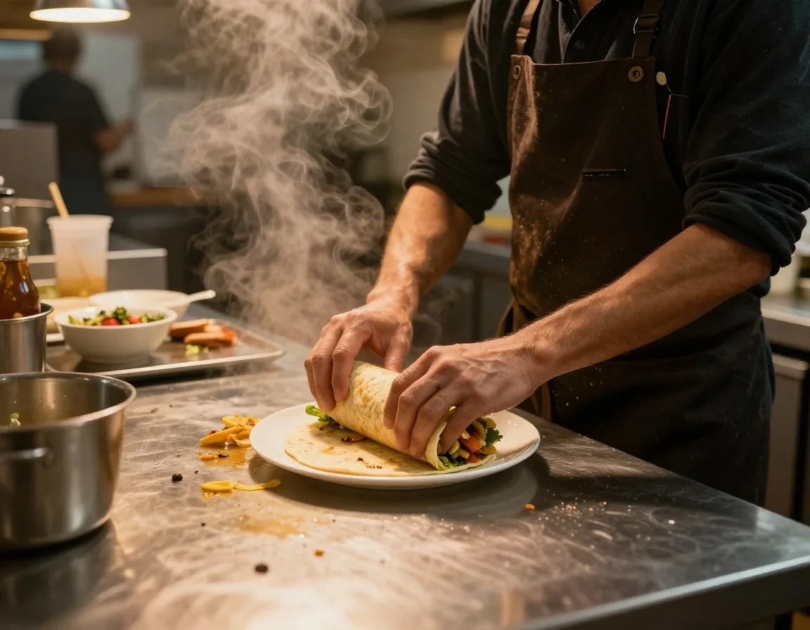 Cooks preparing fresh burritos in the open taqueria kitchen