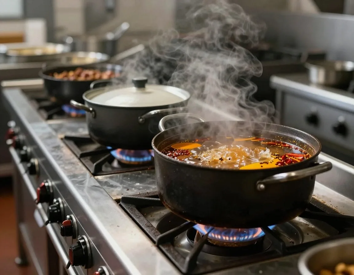 Culinary kitchen prep and simmering slow-cooked meat at Guzman y Gomez Sydney