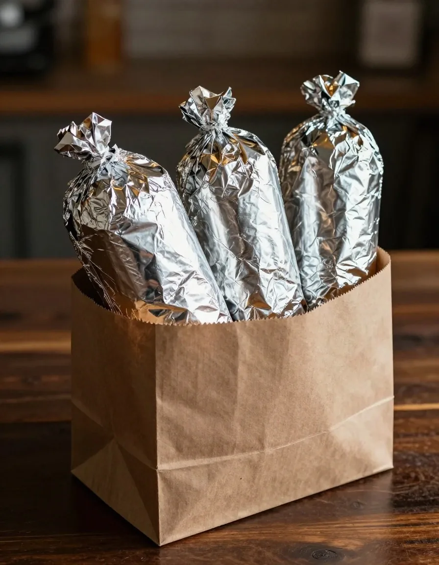 Thermal foil burrito packaging and ventilated carrier bags for delivery