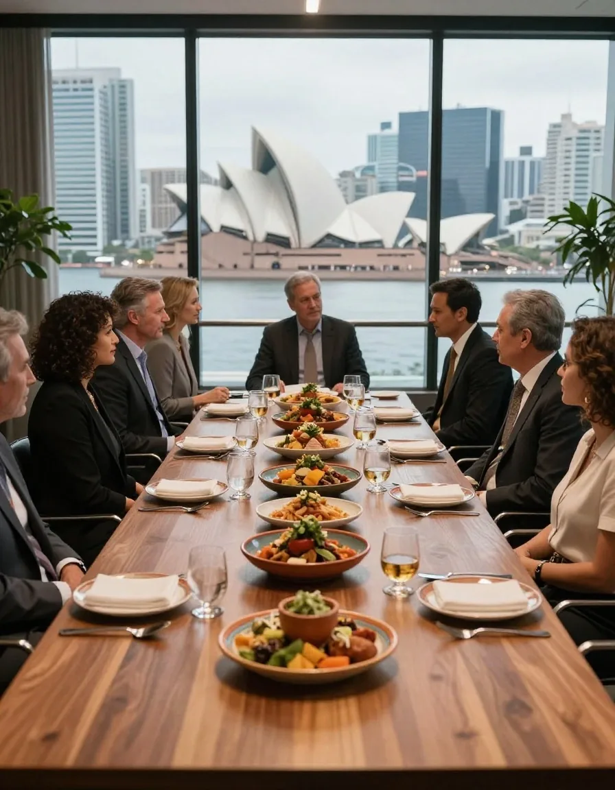 Sydney CBD boardroom catering spread with Guzman y Gomez boxes
