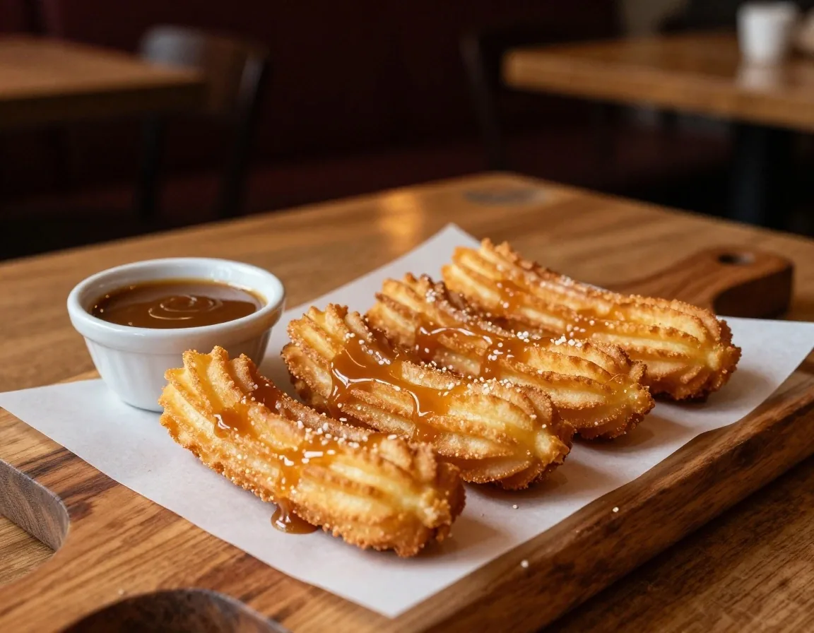 Golden churros coated in cinnamon sugar with dulce de leche dip