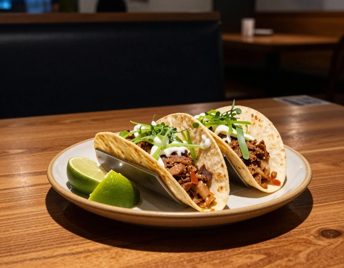 Soft shell and crispy corn tacos served with fresh lime and coriander
