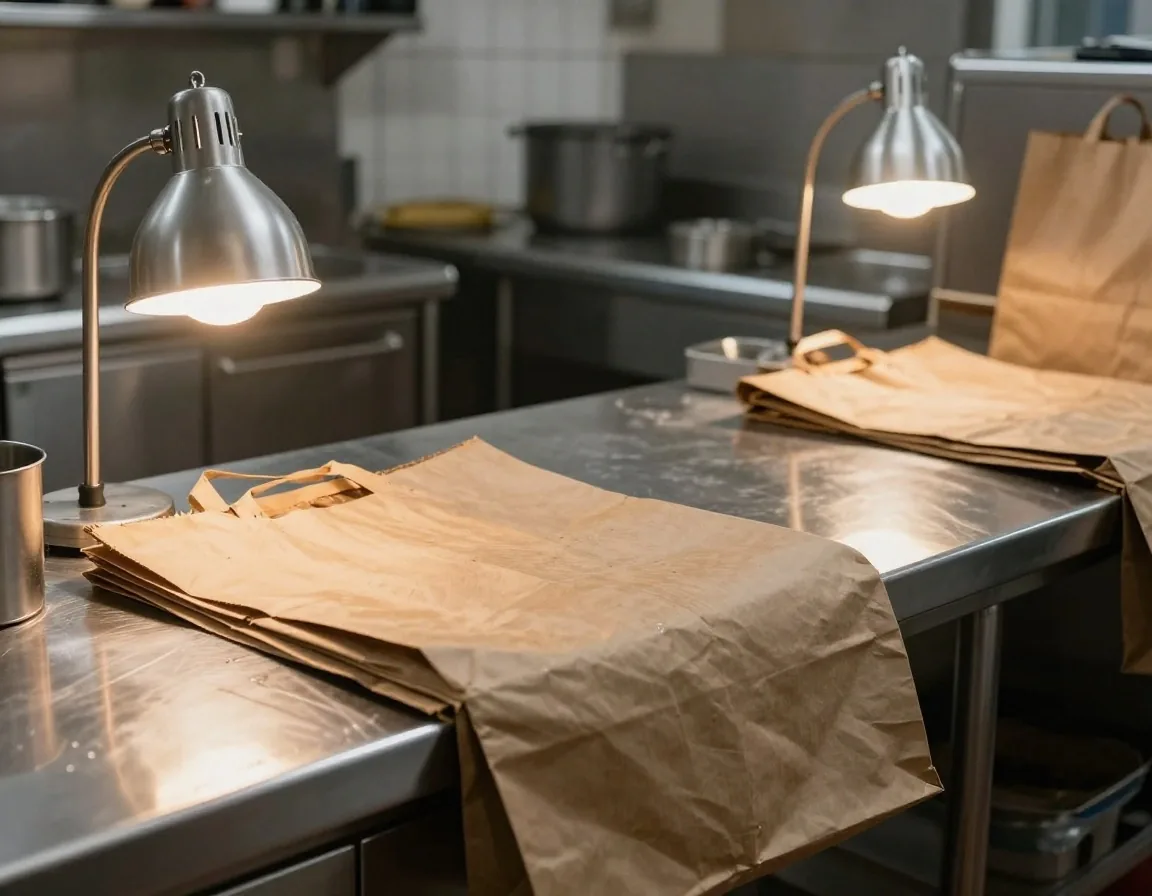 Culinary packaging and order records on granite surface